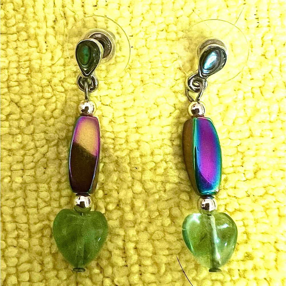 EARRINGS Dangle Earrings 
Multicolor Green & Silver Beads
Opalescent